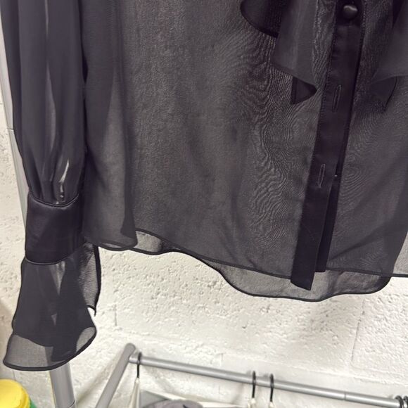RETROFETE Black Bishop Sleeve Ruffled Blouse - Size XS - Sheer NWOT Button Down - Picture 3 of 4
